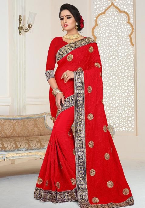 Red Embroidery Georgette Saree Set