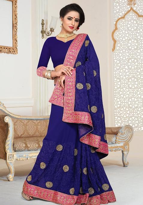 Nevi Blue Embroidery Georgette Saree Set