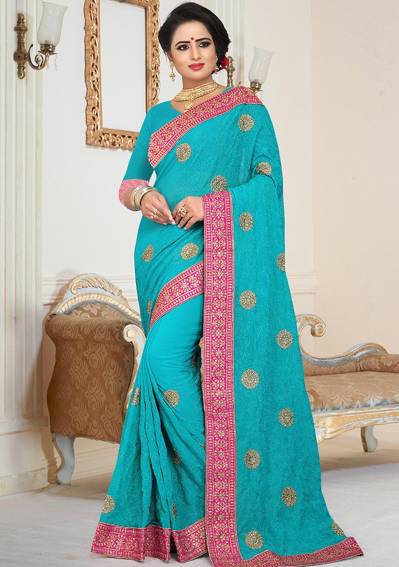 Firozi Embroidery Georgette Saree Set - Indya