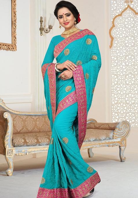 Firozi Embroidery Georgette Saree Set