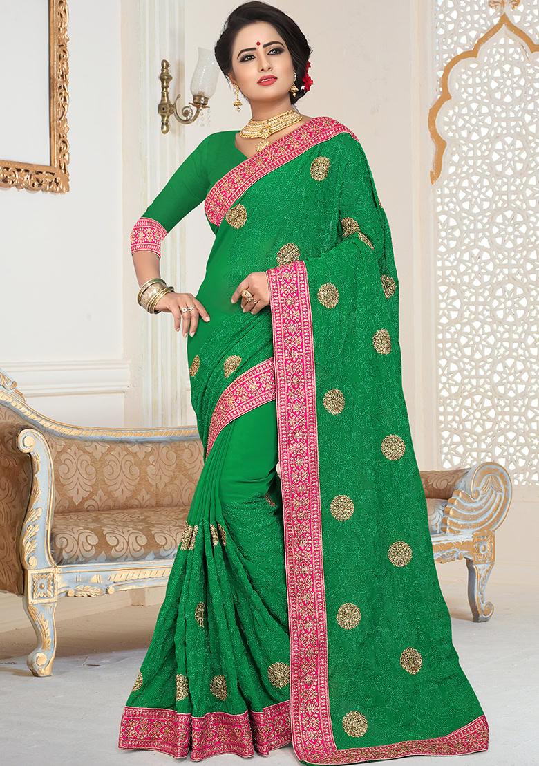 Parrot Green Embroidery Georgette Saree Set - Indya