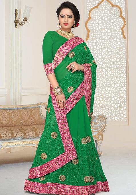 Parrot Green Embroidery Georgette Saree Set