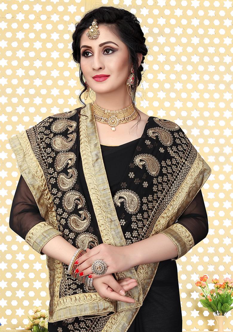 Black Embroidery Georgette Saree Set - Indya