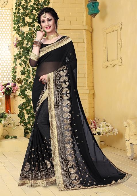Black Embroidery Georgette Saree Set