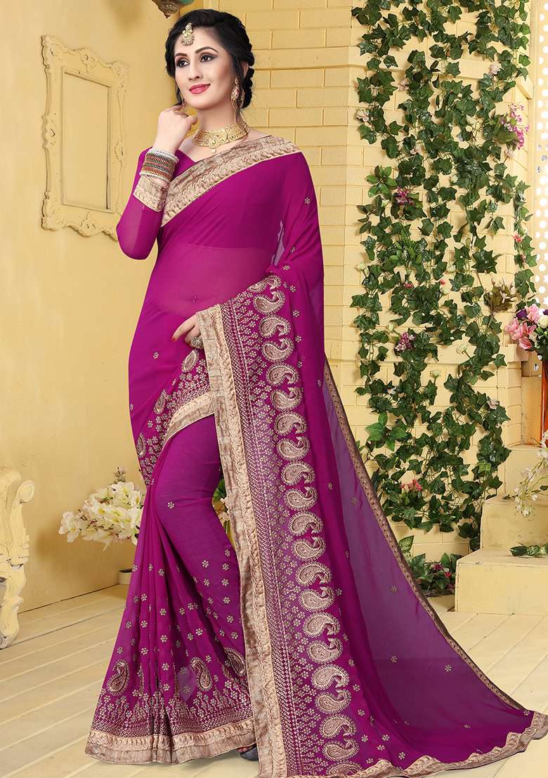 Wine Embroidery Georgette Saree Set for Diwali and Festive Wear - Indya