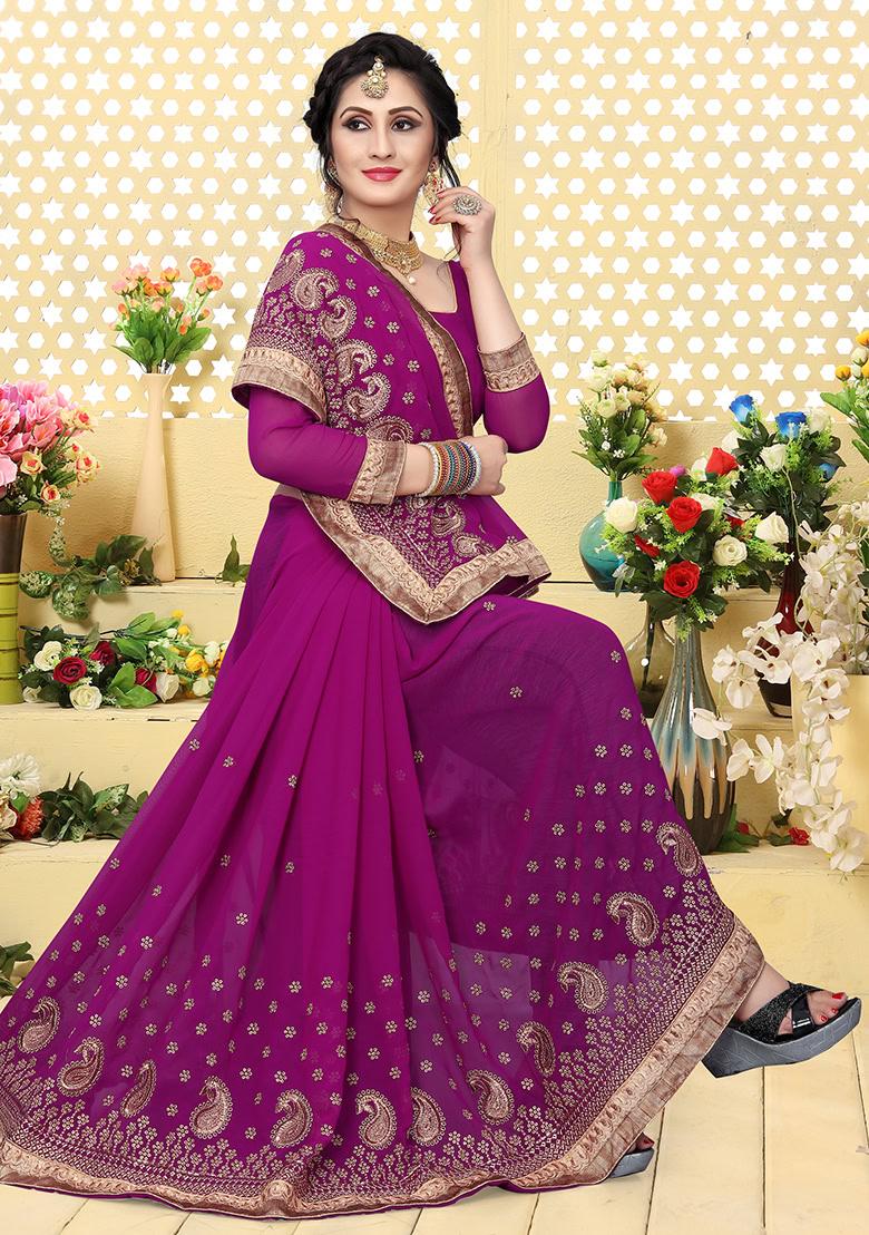 Wine Embroidery Georgette Saree Set - Indya