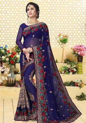Nevi Blue Embroidery Georgette Saree Set