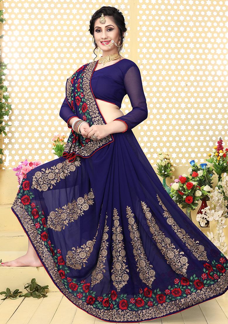 Nevi Blue Embroidery Georgette Saree Set - Indya