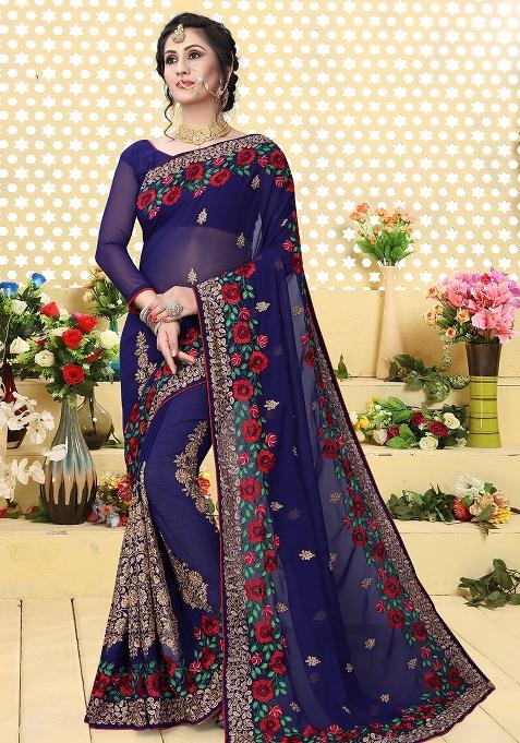 Nevi Blue Embroidery Georgette Saree Set