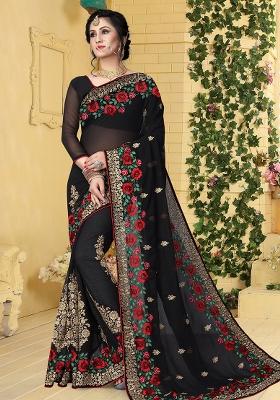 Black Embroidery Georgette Saree Set