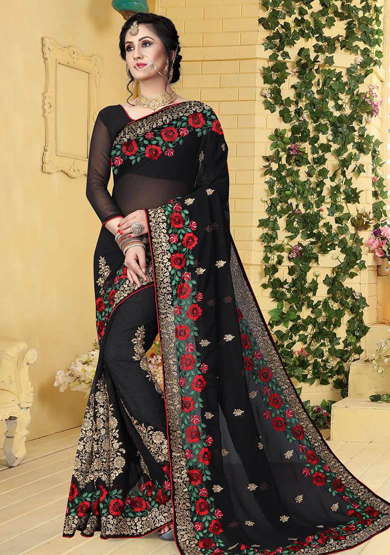 Black Georgette Saree Set with Embroidery for Diwali | Wedding & Festive Wear - Indya