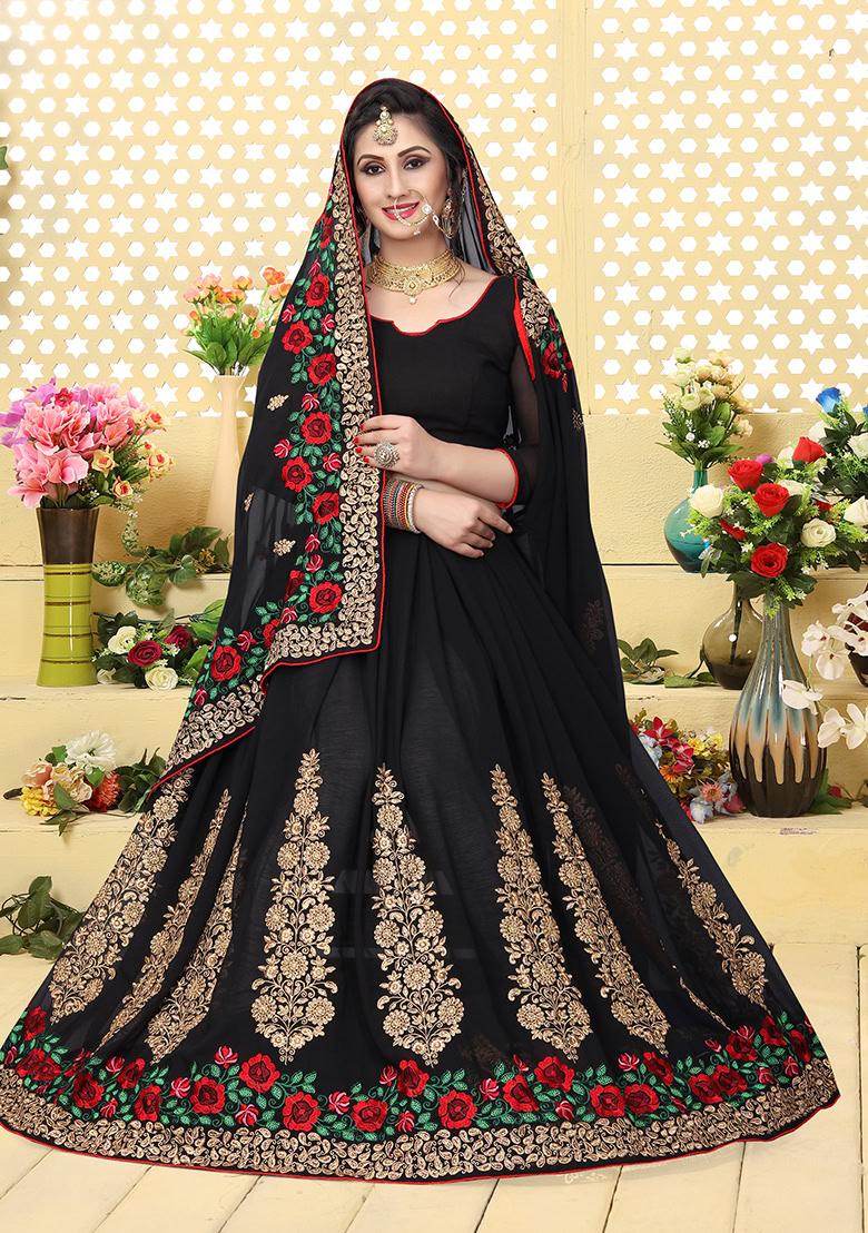 Black Embroidery Georgette Saree Set - Indya