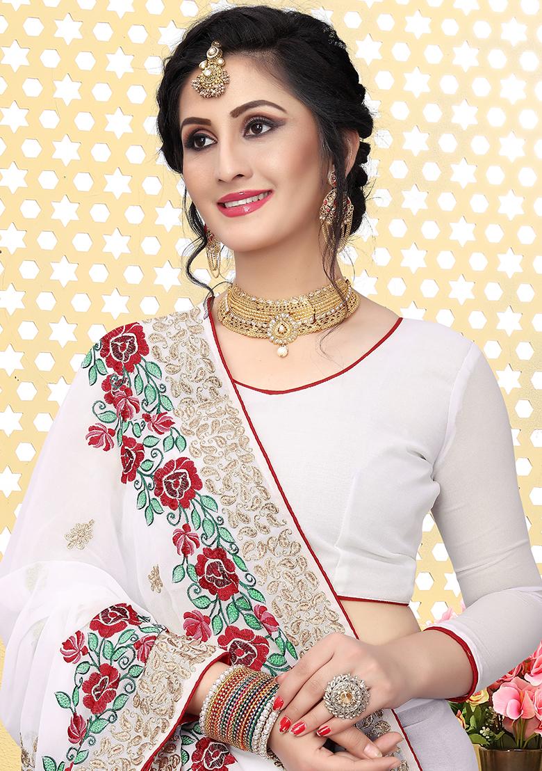 White Embroidery Georgette Saree Set - Indya