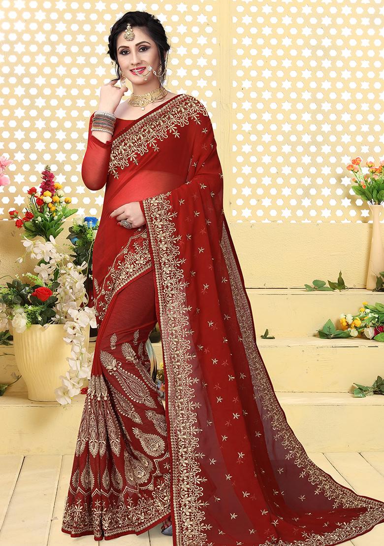 Maroon Embroidery Georgette Saree Set - Indya