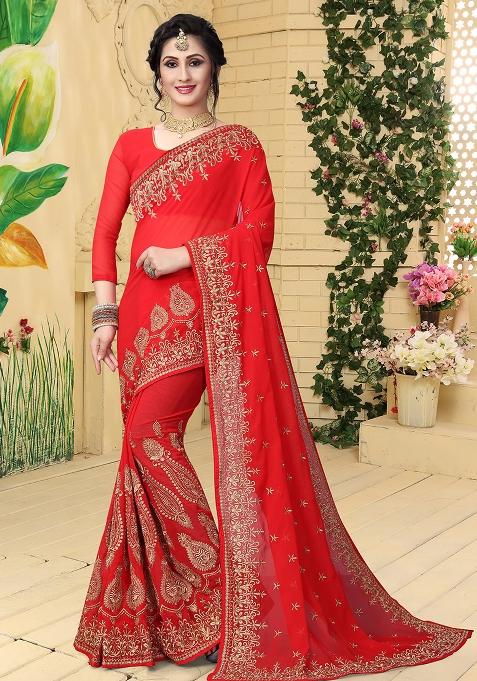 Red Embroidery Georgette Saree Set