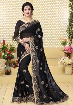 Black Embroidery Georgette Saree Set