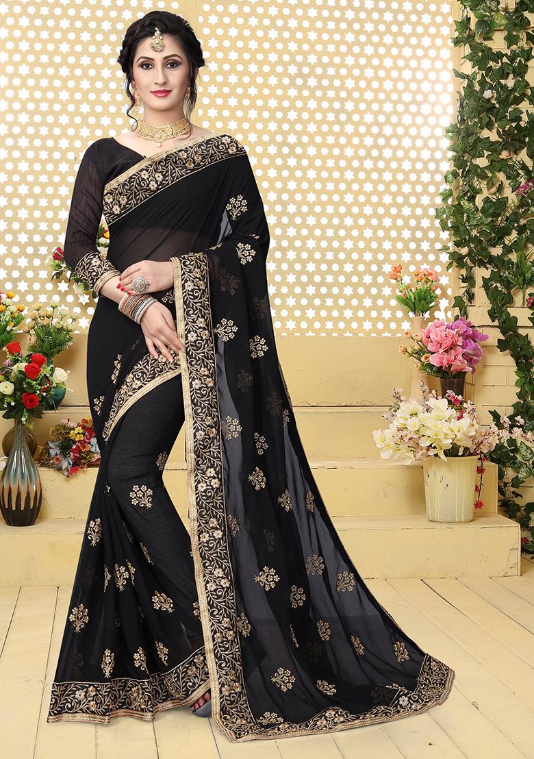 Black Embroidery Georgette Saree Set - Indya
