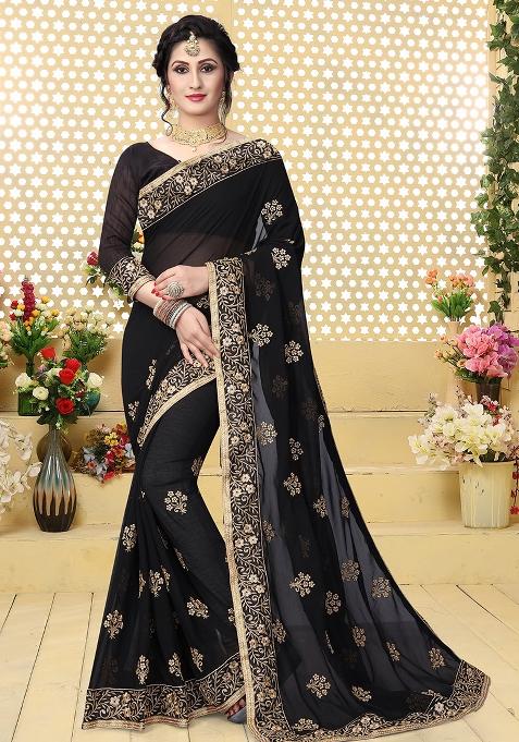 Black Embroidery Georgette Saree Set