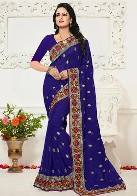 Nevi Blue Embroidery Georgette Saree Set