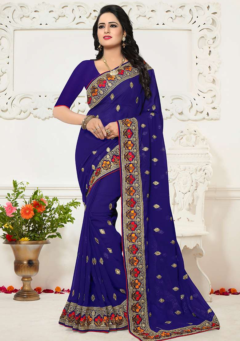 Nevi Blue Georgette Saree Set with Embroidery for Diwali | Wedding & Festive Wear - Indya