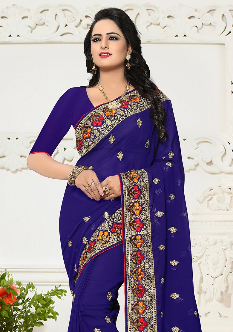 Nevi Blue Embroidery Georgette Saree Set - Indya
