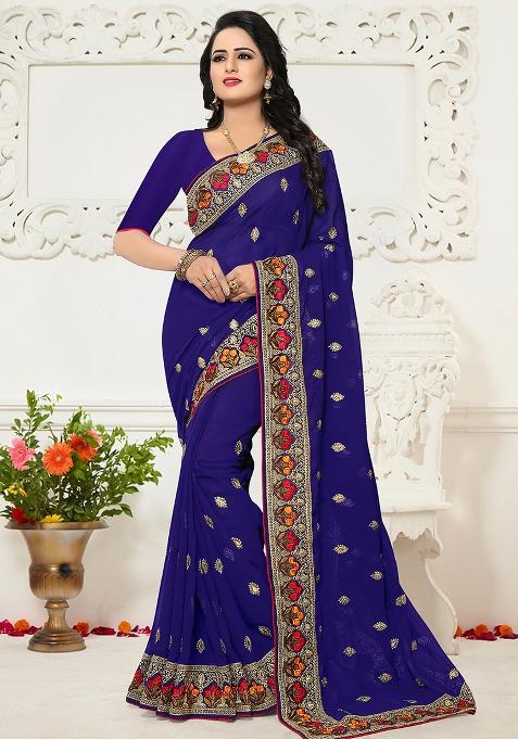 Nevi Blue Embroidery Georgette Saree Set