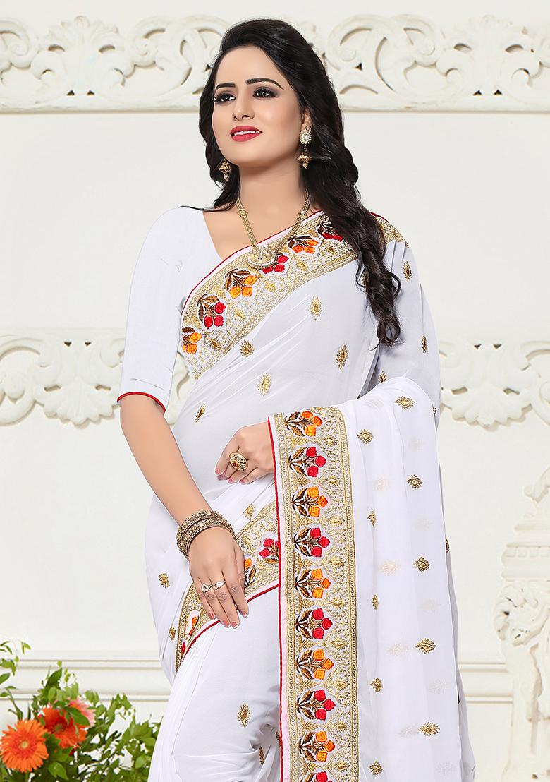 White Embroidery Georgette Saree Set - Indya