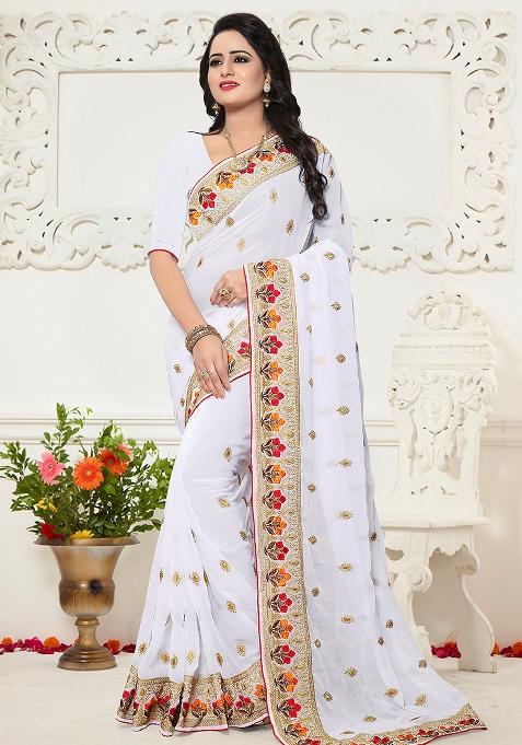 White Embroidery Georgette Saree Set
