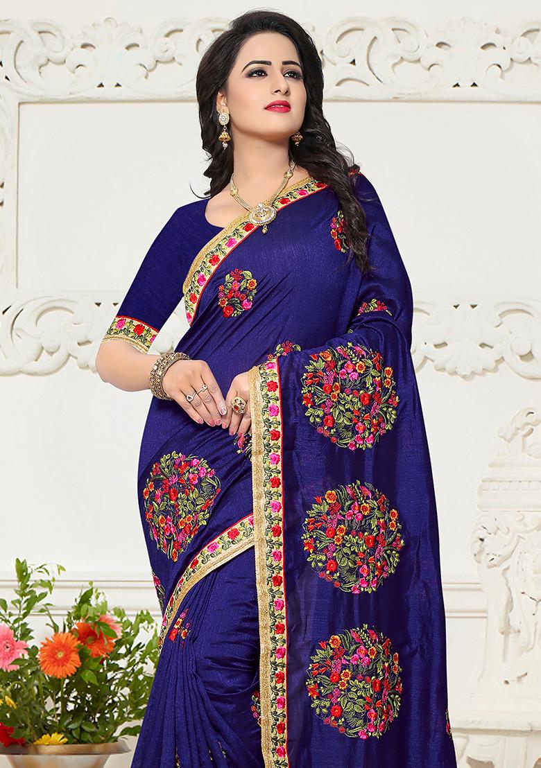 Nevi Blue Embroidery Silk Saree Set - Indya