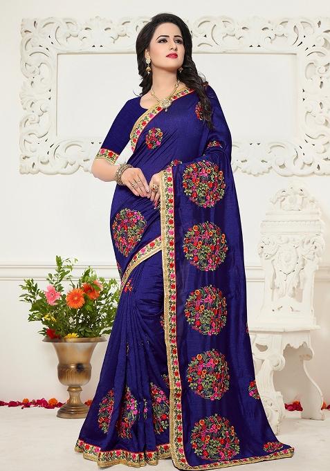 Nevi Blue Embroidery Silk Saree Set