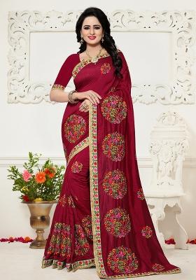 Maroon Embroidery Silk Saree Set