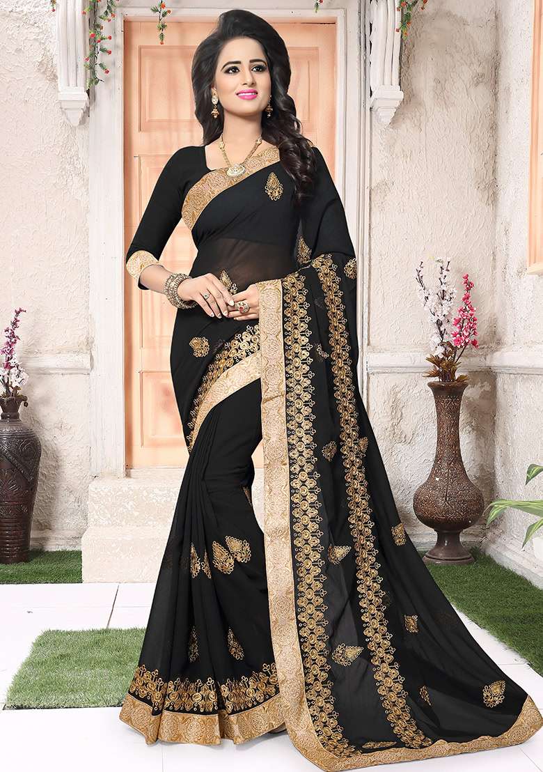 Black Georgette Saree Set with Embroidery for Diwali | Wedding & Festive Wear - Indya