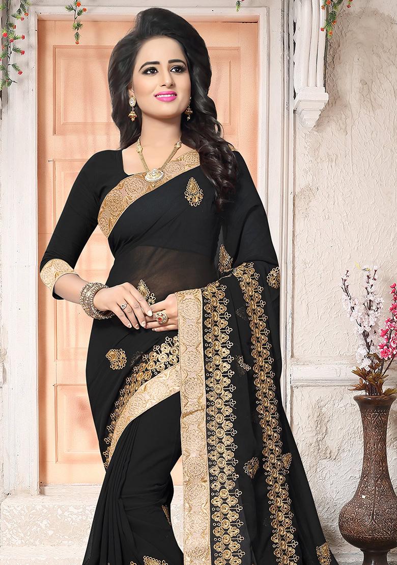 Black Embroidery Georgette Saree Set - Indya