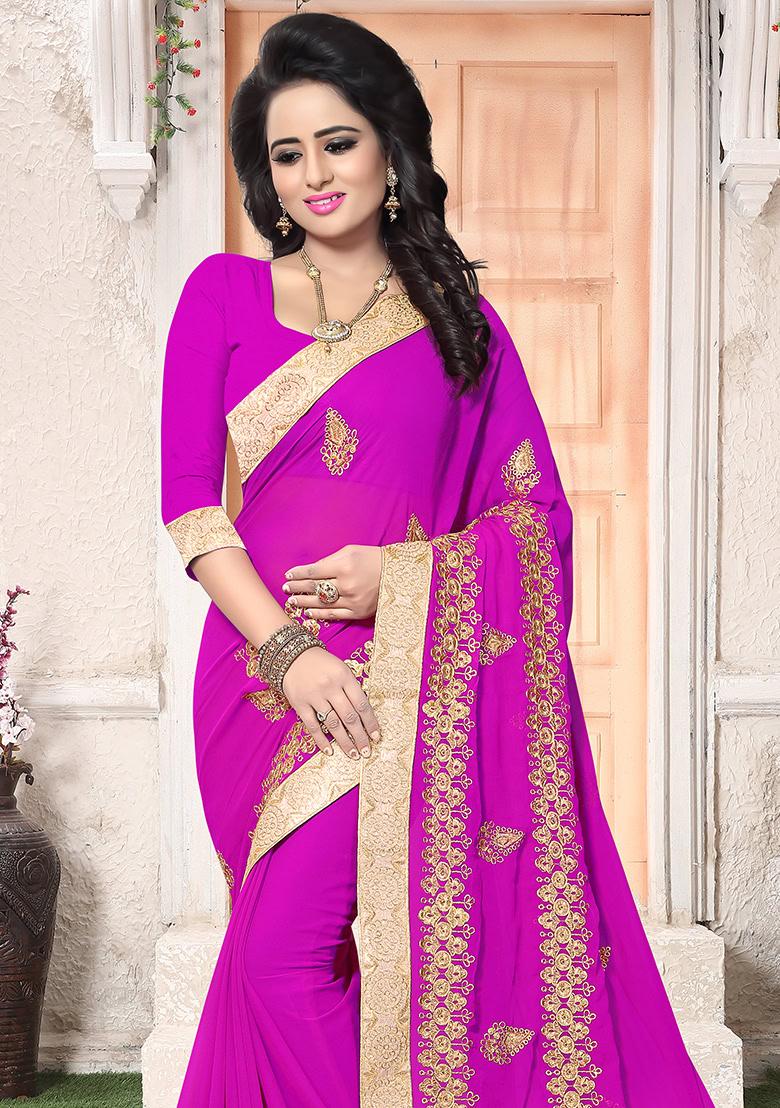 Rani Pink Embroidery Georgette Saree Set - Indya