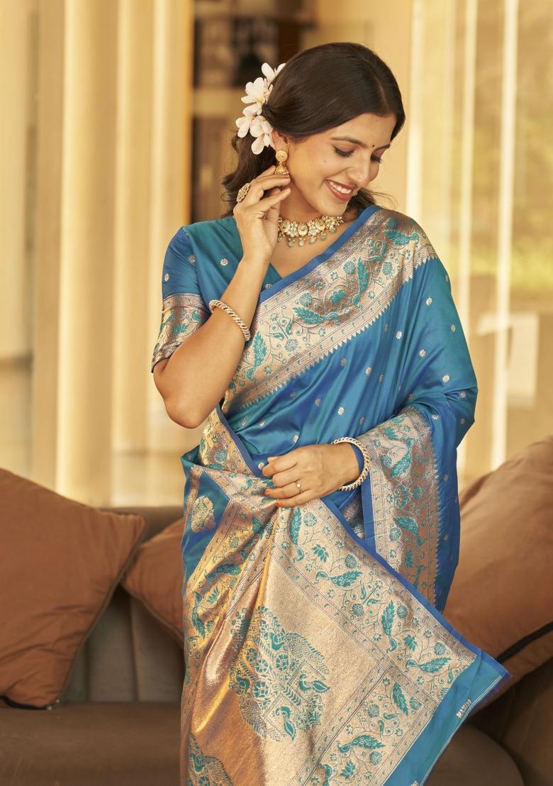 Blue Zari Embroidery Silk Saree - Indya