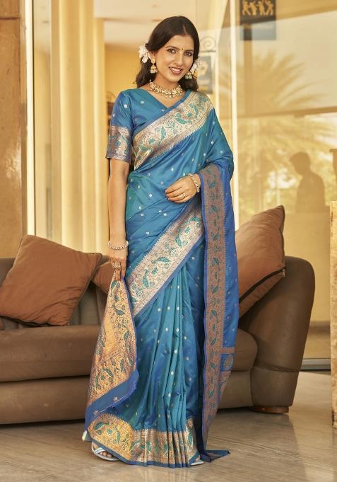 Blue Zari Embroidery Silk Saree