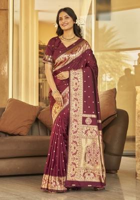 Wine Zari Embroidery Silk Saree