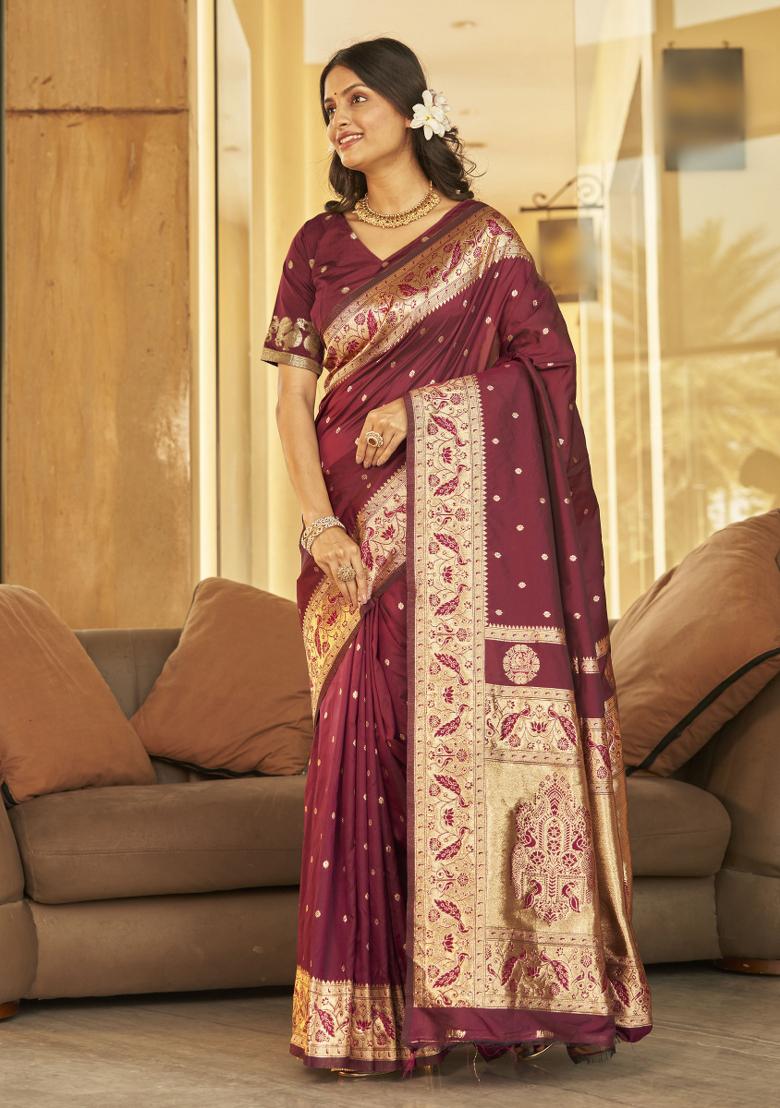 Wine Zari Embroidery Silk Saree - Indya