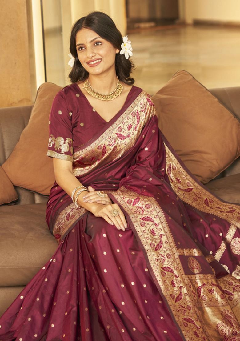 Wine Zari Embroidery Silk Saree - Indya
