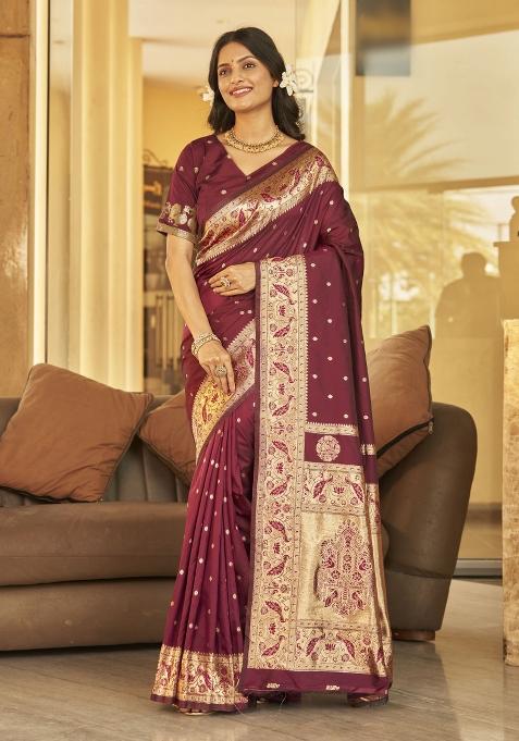 Wine Zari Embroidery Silk Saree