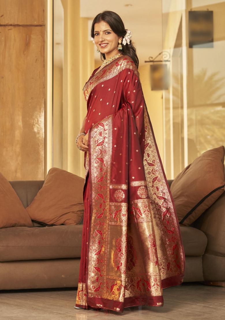 Maroon Zari Embroidery Silk Saree - Indya