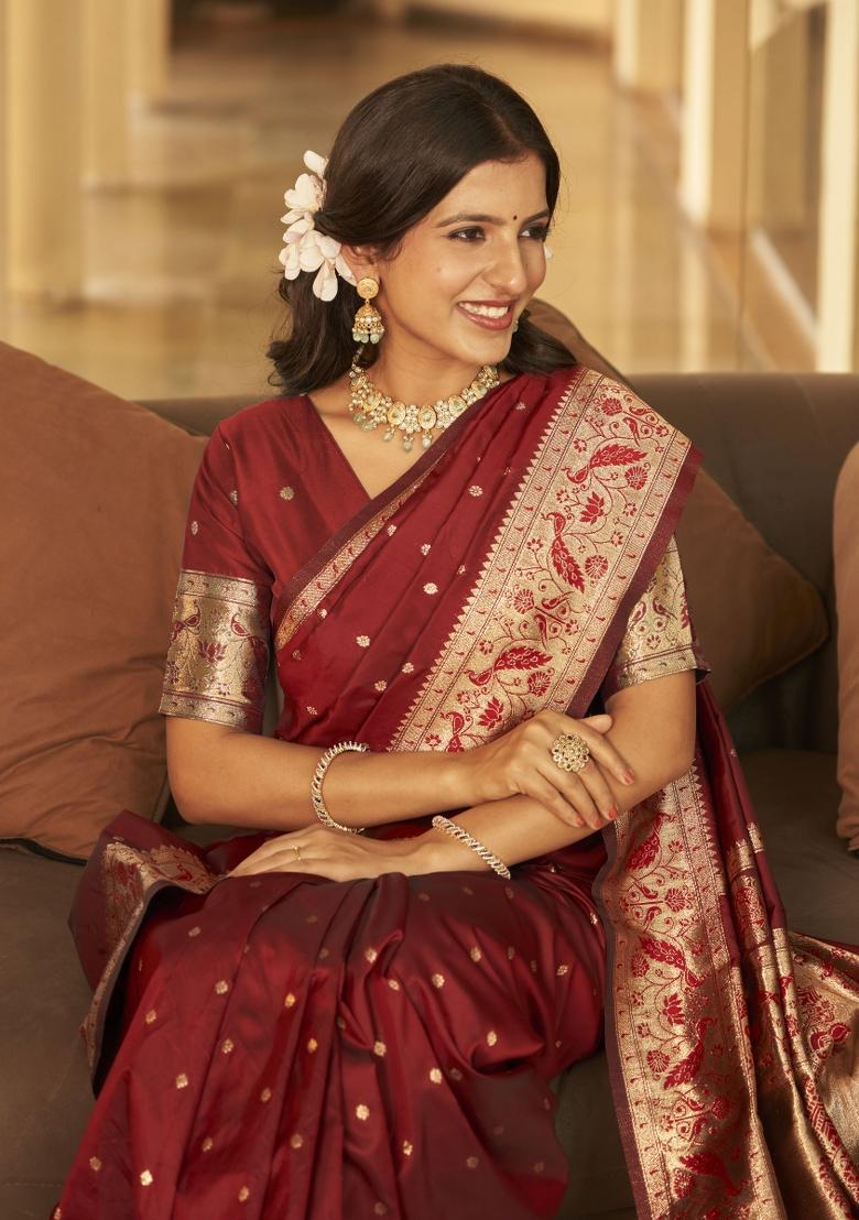 Maroon Zari Embroidery Silk Saree - Indya