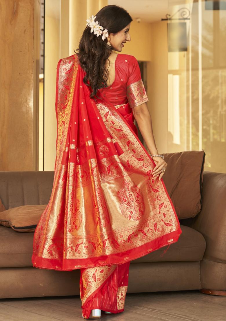 Red Zari Embroidery Silk Saree - Indya