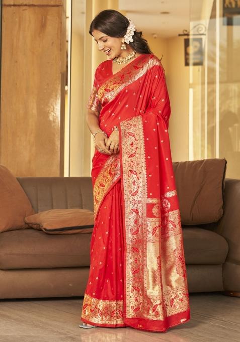 Red Zari Embroidery Silk Saree