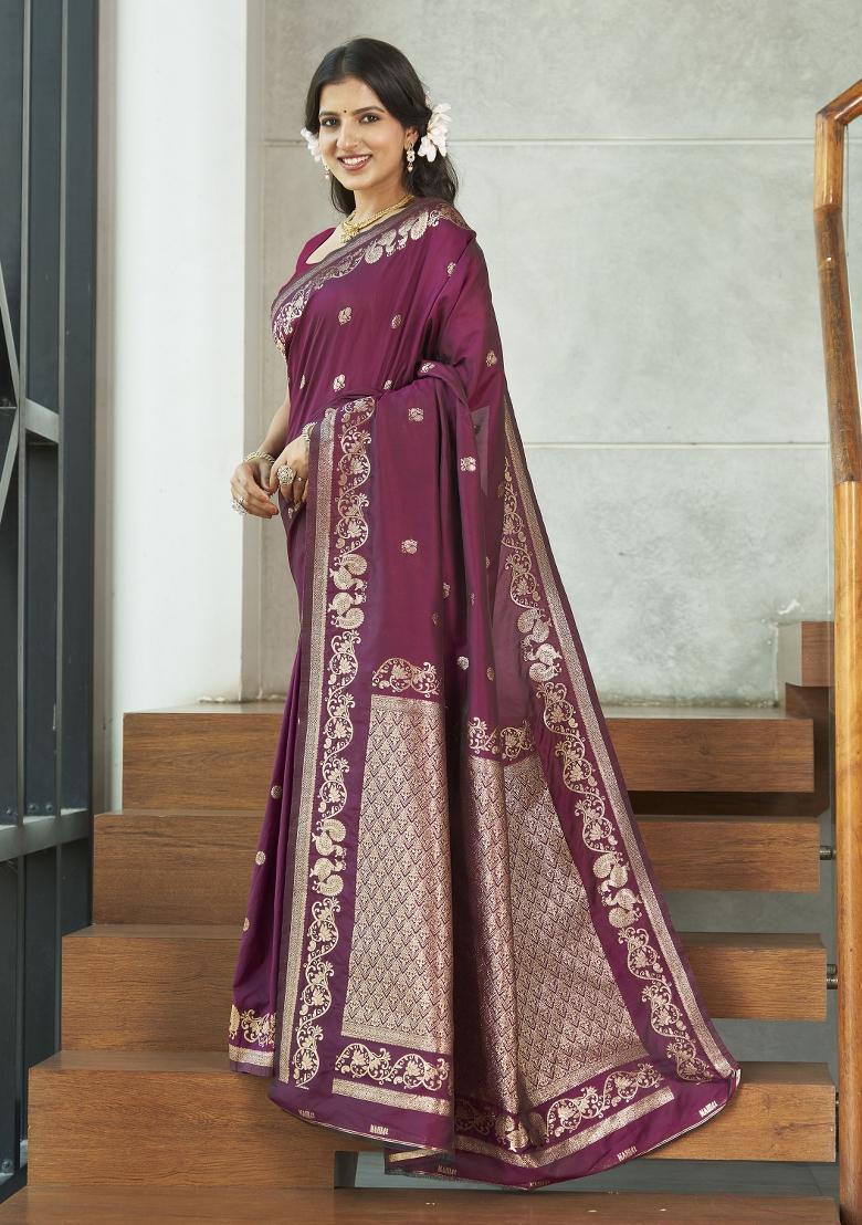 Purple Zari Embroidery Silk Saree - Indya