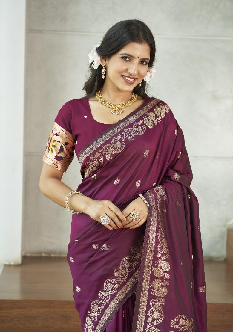 Purple Zari Embroidery Silk Saree - Indya
