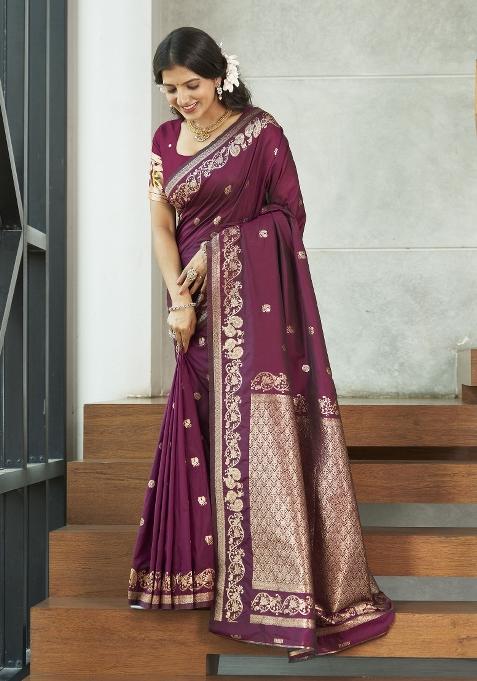 Purple Zari Embroidery Silk Saree
