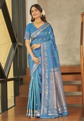 Blue Zari Embroidery Silk Saree