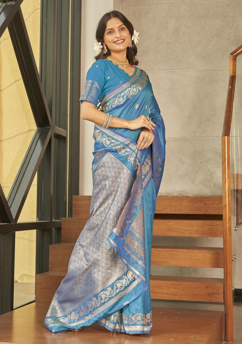 Blue Zari Embroidery Silk Saree - Indya