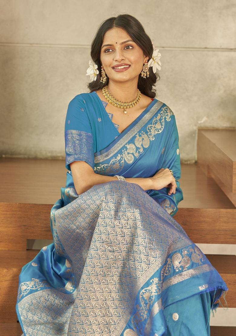 Blue Zari Embroidery Silk Saree - Indya